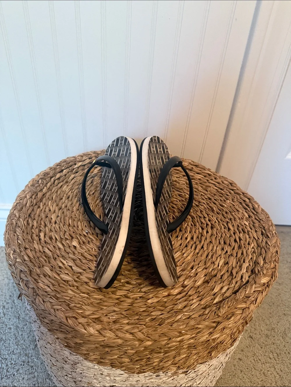 Tory Burch Black & White Logo Pattern Flip Flops
